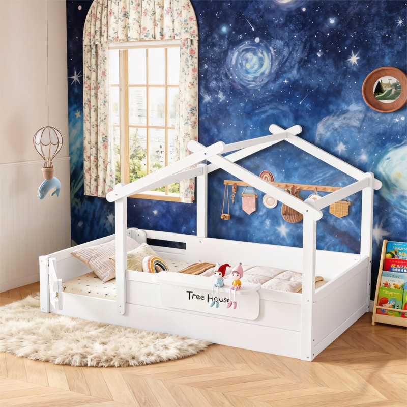 Twin Size Floor Bed with Guardrails and Roof, Twin, White