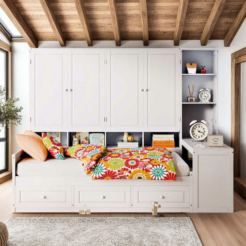 Lit de jour en bois avec bureau, armoires, tablettes ouvertes et tiroirs de rangement, lit multifonctionnel, Double, Blanc