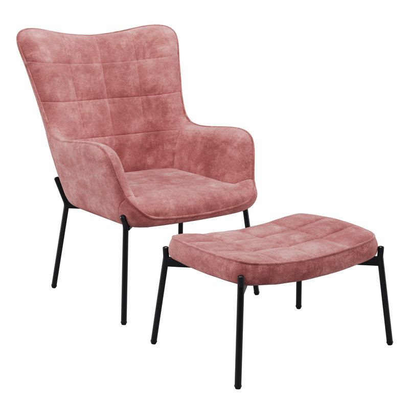 Velvet Armchair with Ottoman, Pink Salmon Velvet
