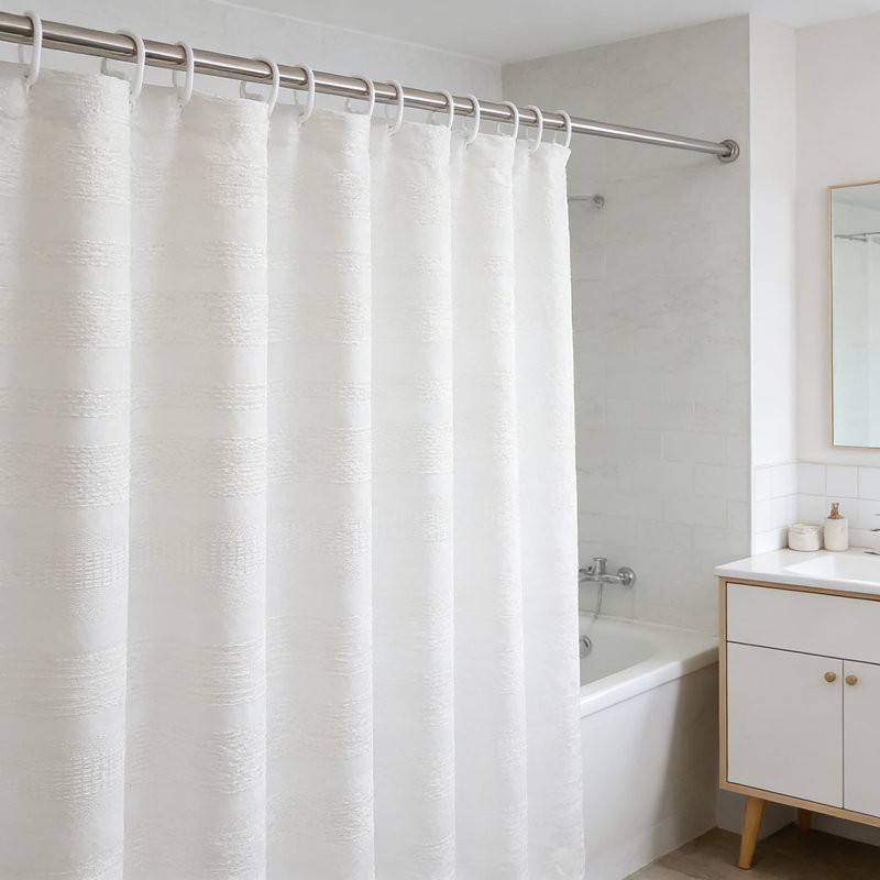 Rideau de douche en lin texturé avec pampilles, rideau de salle de bain moderne et robuste, tissu infroissable, installation facile avec boutonnières