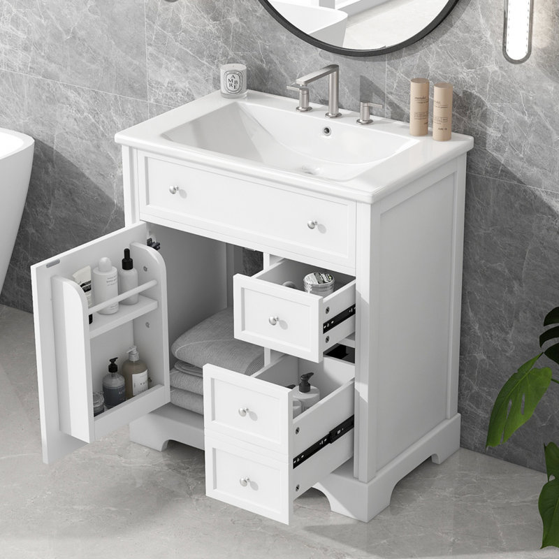 Meuble-lavabo de 30 po avec comptoir d'évier, meuble-lavabo avec porte et deux tiroirs, panneaux de fibres à densité moyenne, bois massif, un ensemble, meuble-lavabo