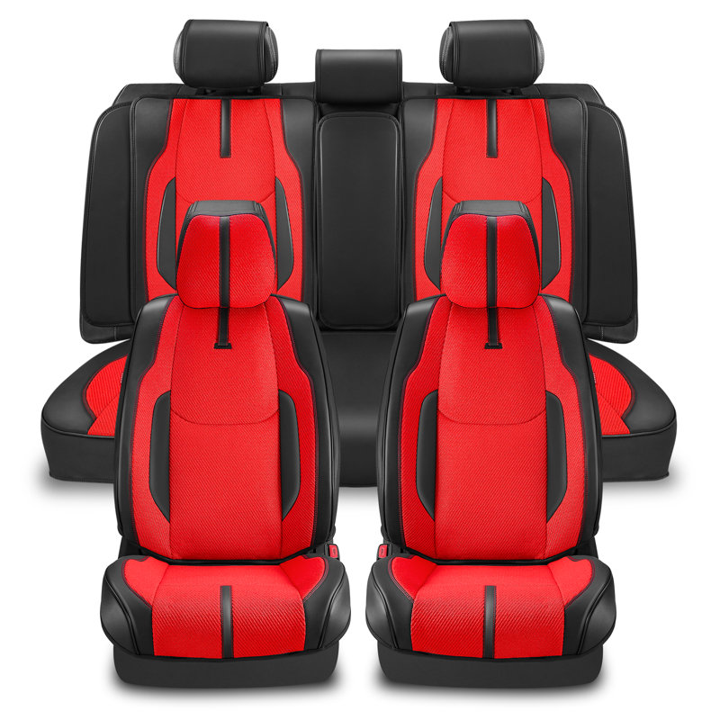 Drive Series Seat Covers Full Set With Airbag Compatible, Reserved Opening Holes For Headrest, Universal For Cars, Black/Red