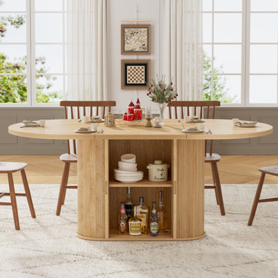 Large Oval Dining Table With 4-Panel Easy Assembly & Hidden Storage In Fluted Base, Sturdy MDF Melamine Dinner Table For 8 Seater by Ebern Designs