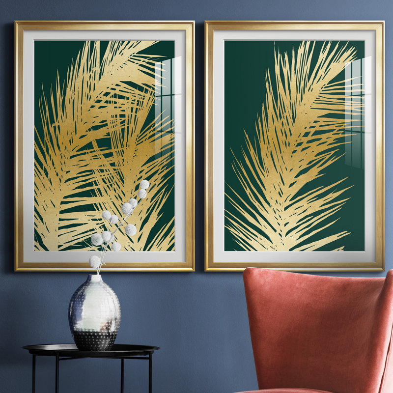 Emerald Palm I - ensemble de 2 reproductions d'art, Impression encadrée avec passe-partout, H 26,5 po x l 73 po, Doré