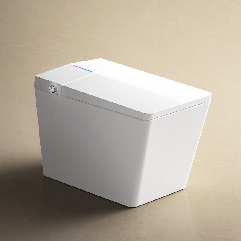 Modern Square Toilet With Embedded Tank - Remote Operated, Auto Flush, Heated Seat, Led Interface, User Customizable Options, White Hue Bathroom Smart Attached Remote-controlled, Auto-flush, Monitor,