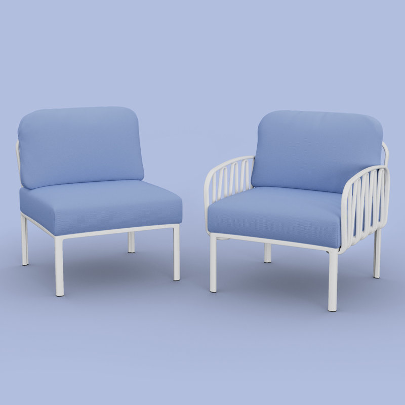 Chaise d'extérieur en résine avec coussins, Blanc / bleu