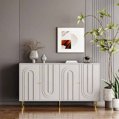 Modern Gray Lacquered 4 Door Wooden Cabinet Sideboard Buffet Server Cabinet Storage Cabinet, For Living Room, Entryway, Hallway, Office, Kitchen And Dining Room