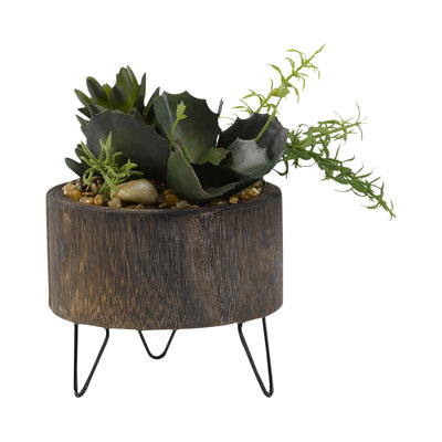 10'' Faux Succulent Plant in Solid Wood Planter