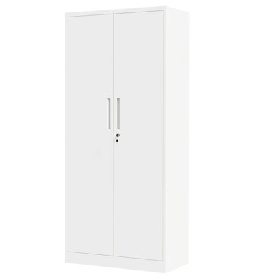 White Steel Garage Storage Cabinet With 4 Adjustable Shelves And 3 Locking System For Pantry Office 71-inch Tall Metal Doors