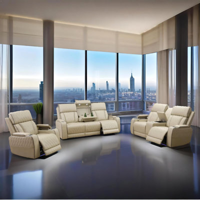 Sterling Beige Vegan Leather 3-Pieces  Reclining  Sectioanal Living Room Sofa Set With Cup-Holders ,Wireless Charging And LED Lights