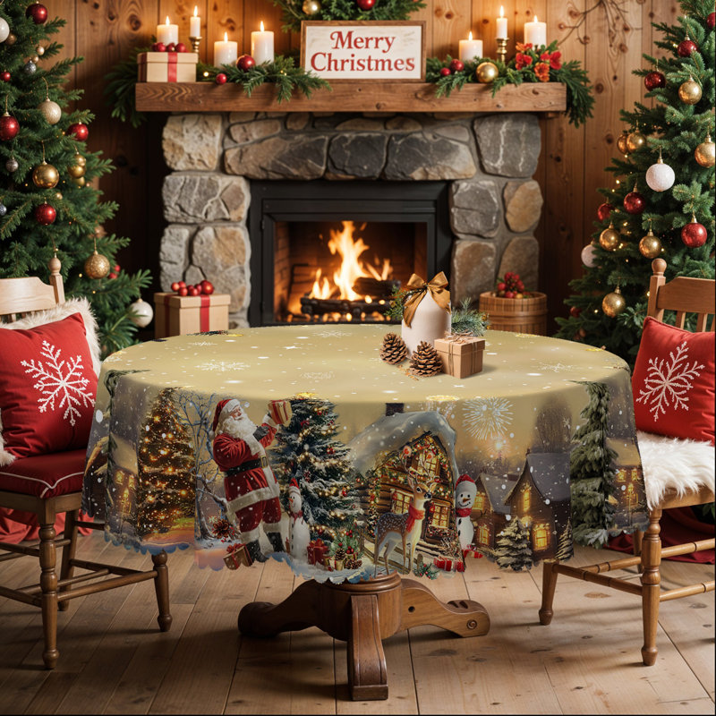 1pc Christmas Themed Print Tablecloth, Round/Rectangular Table Cloth, Mantel Para Mesa De Comedor, Xmas Decor, Holiday Party Indoor Dining Decor, Round Rectangle Christmas Table Cover, Festive Home Kitchen Accessory Gifts, Several Sizes Available