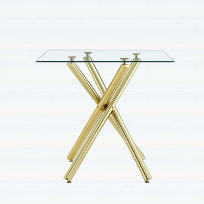 Table de bar moderne en or avec plateau en verre trempé, pieds en croix robustes pour la maison et la cuisine