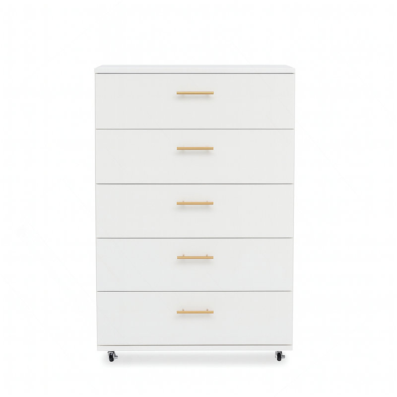 Commode 5 tiroirs avec poignées et quatre roulettes pivotantes