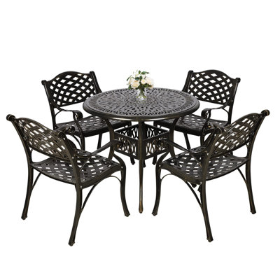 World Menagerie 5-Piece Outdoor Furniture Dining Set, All Weather Cast Aluminum Conversation Set With 4 Chairs And 35.4" Round Table, 2" Umbrella Hole
