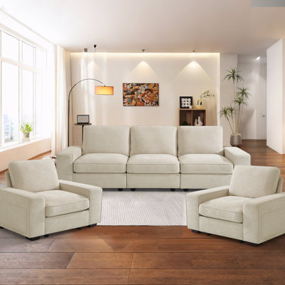 3-Piece Modern Modular Sectional Sofa Set of 5/6 Seater Oversized Chenille Couch with Storage Space and USB Port for Living Room and Apartment by Latitude Run
