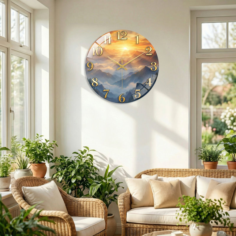 «Mountain Sunrise», horloge murale en verre, 40 x 40 cm (15,7 x 15,7 pouces)