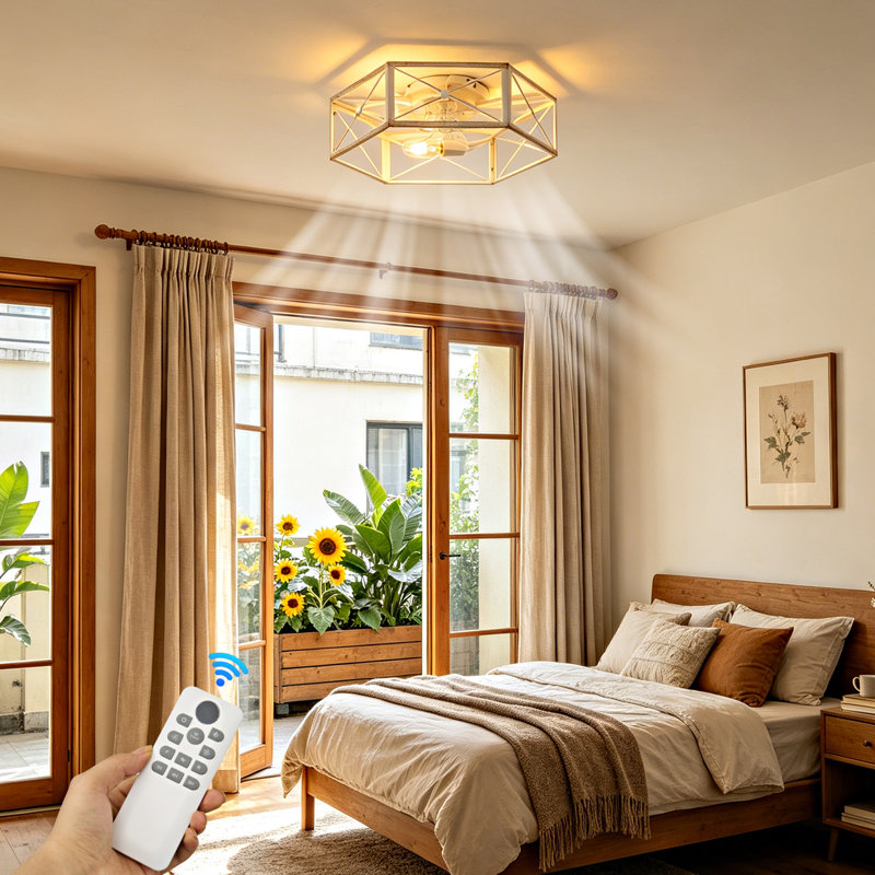 Hexagon Metal Caged Flush Mount Ceiling Fan Light With Remote