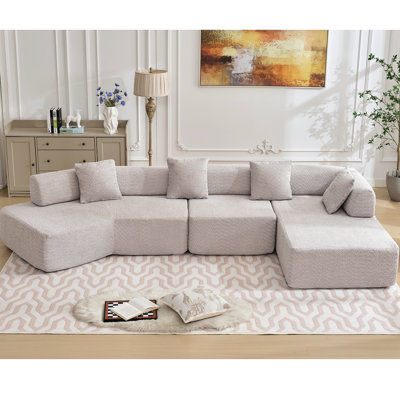 Allis Modular 4 Chaise , Gray Boucle, No Assembly For Living Room 140" L-Shape Boucle 4 Seats, Assembly, Soft And Relaxing