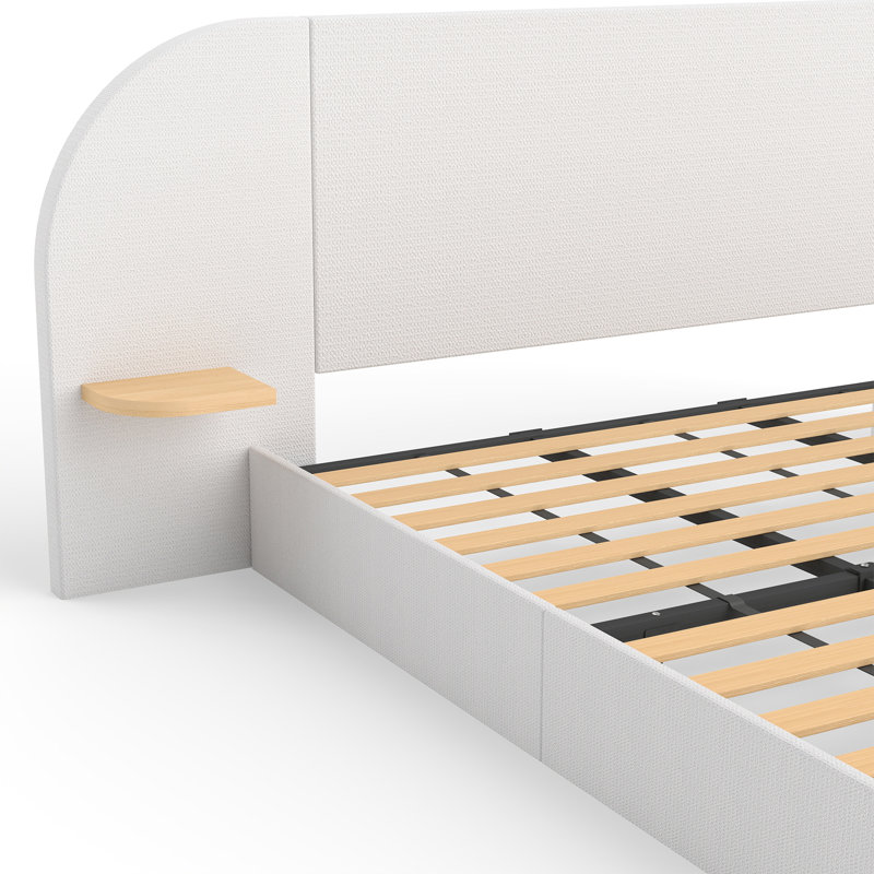 Upholstered Platform Bed Frame with 2 Floating Shelves, King