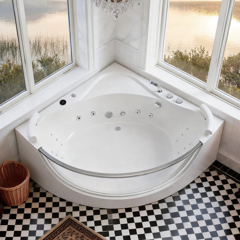 Acrylic 16 Jet 59 Inch Hydro Massage Bathtub For Two In Corner Design, With Heater, Rainbow Lighting And Assurance, Milk White 2 Person Inches, System Lighting, Ul Relaxing Bath