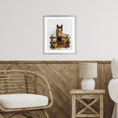 «Cowboy's Horse & Fence», reproduction d'art encadrée sous verre, design par Christine Simpson