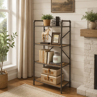 Bibliothèque moderne moderne à 4 niveaux avec rangement ouvert et structure en métal durable, parfaite pour organiser et exposer des livres et des décorations.
