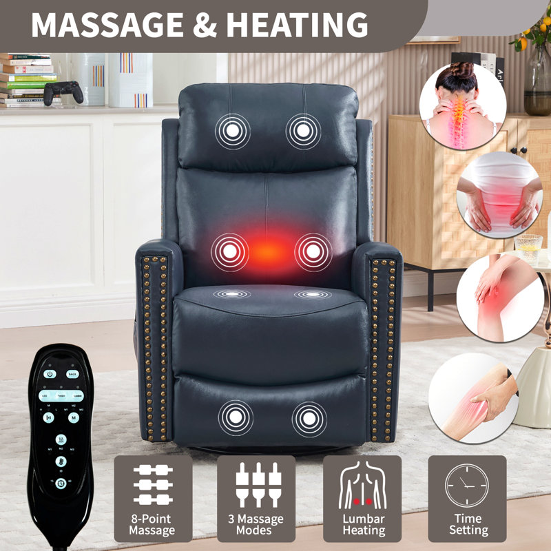 Genuine Leather Heat Massage Manual Recliner Chair With Rocker And Swivel For Living Room, Blue