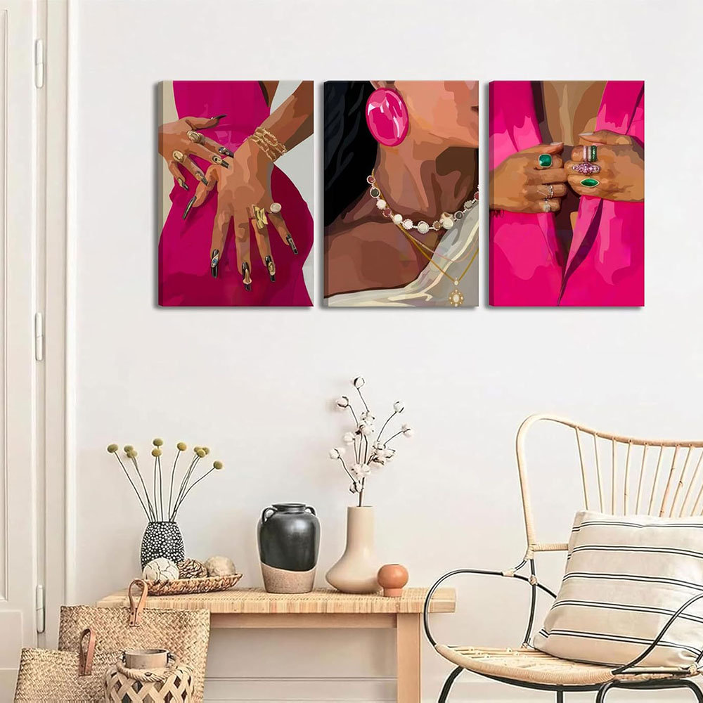 3Pcs Pink Black Woman Canvas Wall Art Trendy Black Girl Painting Picture Wall Decor African American Poster Print Artwork For Living Room Bedroom Home