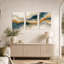 Ensemble de 3 toiles murales abstraites représentant des vagues fluides dans les tons turquoise et beige-71284319