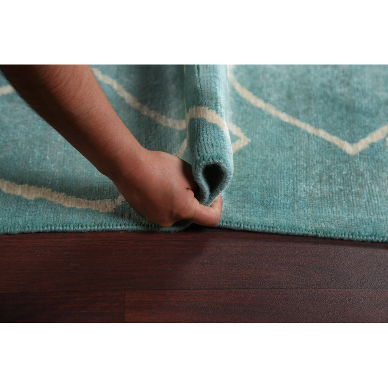Tapis vert en laine noué à la main de conception unique 7 pi 11 po x 9 pi 8 po