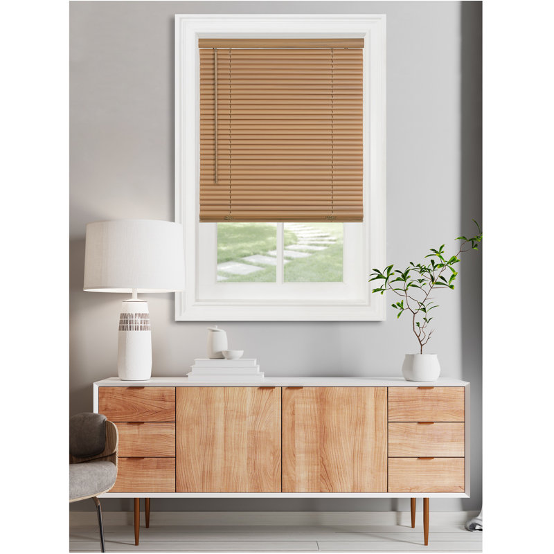 Cordless Window Blinds, Privacy & Light Filtering 1" Slats Vinyl Mini Blind, Woodtone, 64"L X 48"W