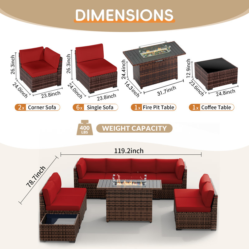 Bhairavi Wicker - Person Modular Patio Conversation Set with Cushions, Burgundy, 8