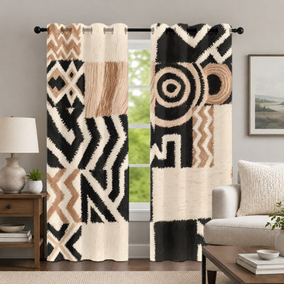 2 pièces rideaux à imprimé tribal géométrique, rideaux de style bohémien, panneau de fenêtre moderne à motif d'œillets noir et beige, habillage de fenêtre artistique pour le décor de la chambre à coucher