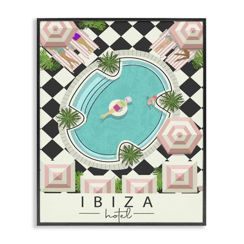 Giclée sur toile de piscine Ibiza Hotel, design par Jen Bucheli, H 14 po x l 11 po, Giclée encadrée noir minuit