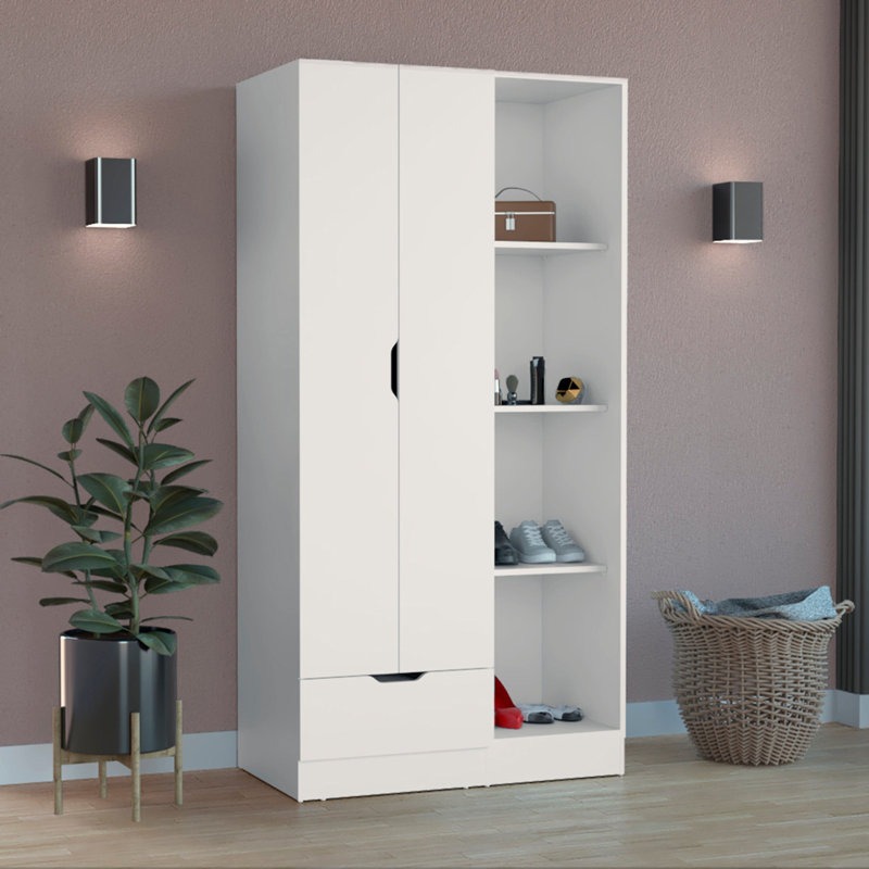 Armoire Toccoa avec 1 tiroir et 4 tablettes ouvertes à 4 niveaux, chambre à coucher, Blanc