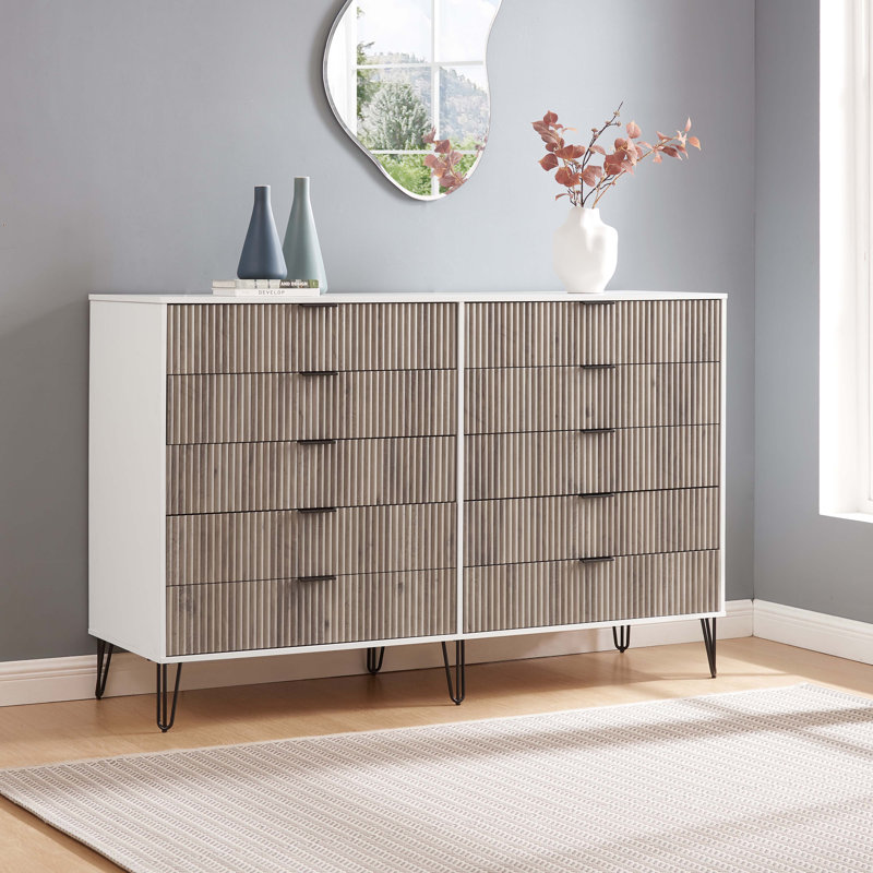 Dumbo 70" Modern Double Dresser with 10 Drawers in Rustic Grey and White, Grey/White
