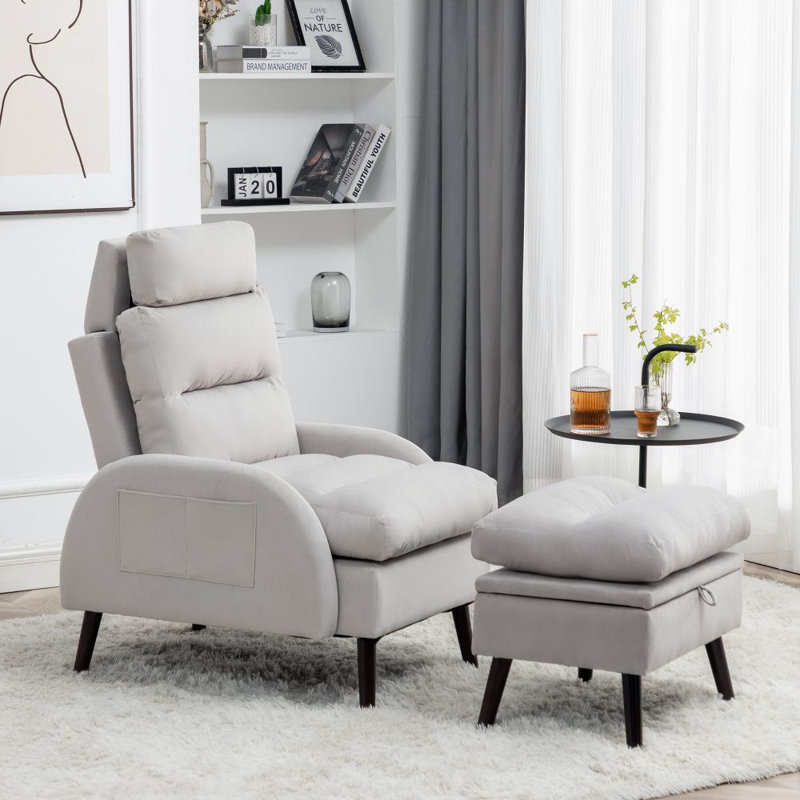 Jonilda Upholstered Accent Chair and Ottoman with  Adjustable Backrest, Light Gray Velvet