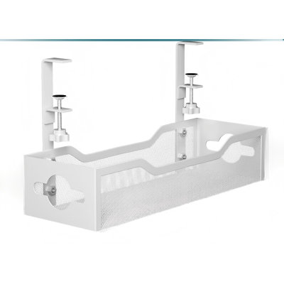 Under Desk Cable Management Tray No Drill, Metal Tray With Clamp For Wire Management, Cord Organizer Home Office Damage To Standing Desk, White