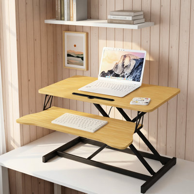 Convertisseur de bureau assis-debout de 32 pouces, poste de travail compatible avec deux écrans et un ordinateur portable, hauteur réglable, couleur naturelle, surface de travail de 31,5 x 15,7 pouces - Poste de travail avec ordinateur portable