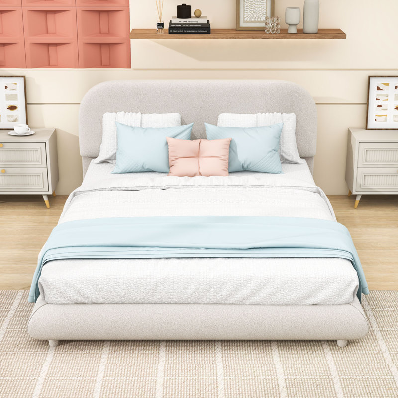 Lit plateforme tapissier Teddy, Beige, Grand lit