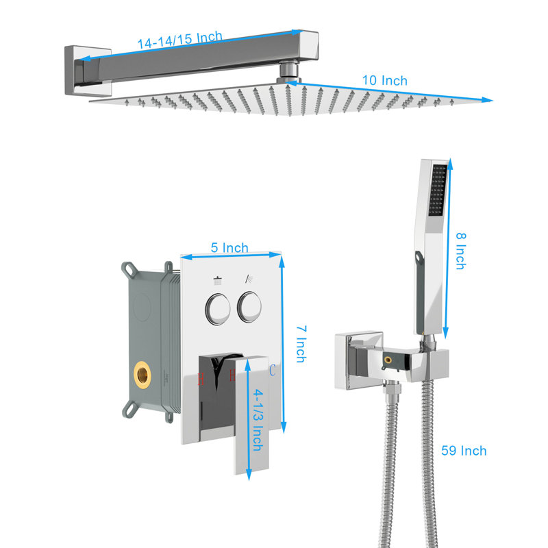 Dual Shower Head - 10 Inch Square Wall Mounted System Easy Install With