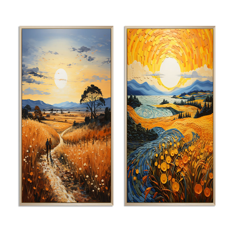 «Vangogh Harvest Time In The Wheat Fields», 2 pièces, Encadrement brun, H 32 po x l 32 po
