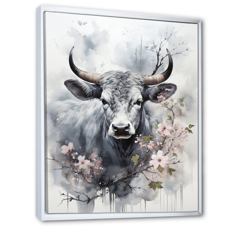 Bania, art asiatique, vache Sumi V, H 20 po x l 12 po x P 1 po, Cadre flottant blanc