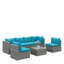 Ensemble de patio 7 pièces en osier gris avec coussins amovibles bleu clair et table basse en verre pour l'extérieur, la piscine et la cour-510449675
