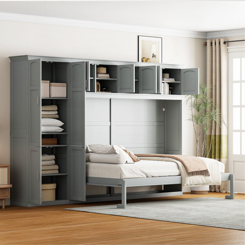 Grand lit escamotable mural avec armoires, gris, Gris