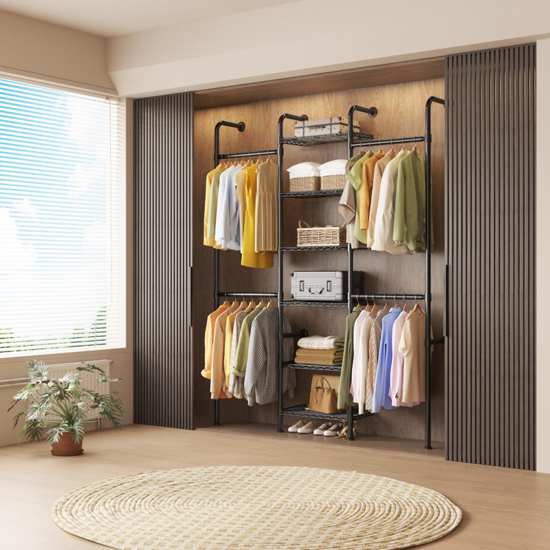 Système de garde-robe mural à tuyaux - Portemanteaux en acier au carbone - Tringles extensibles (23,62 à 35,43 po) - 6 tablettes grillagées - noir mat - Organisateur de rangement pour garde-robe - 6 couches, noir