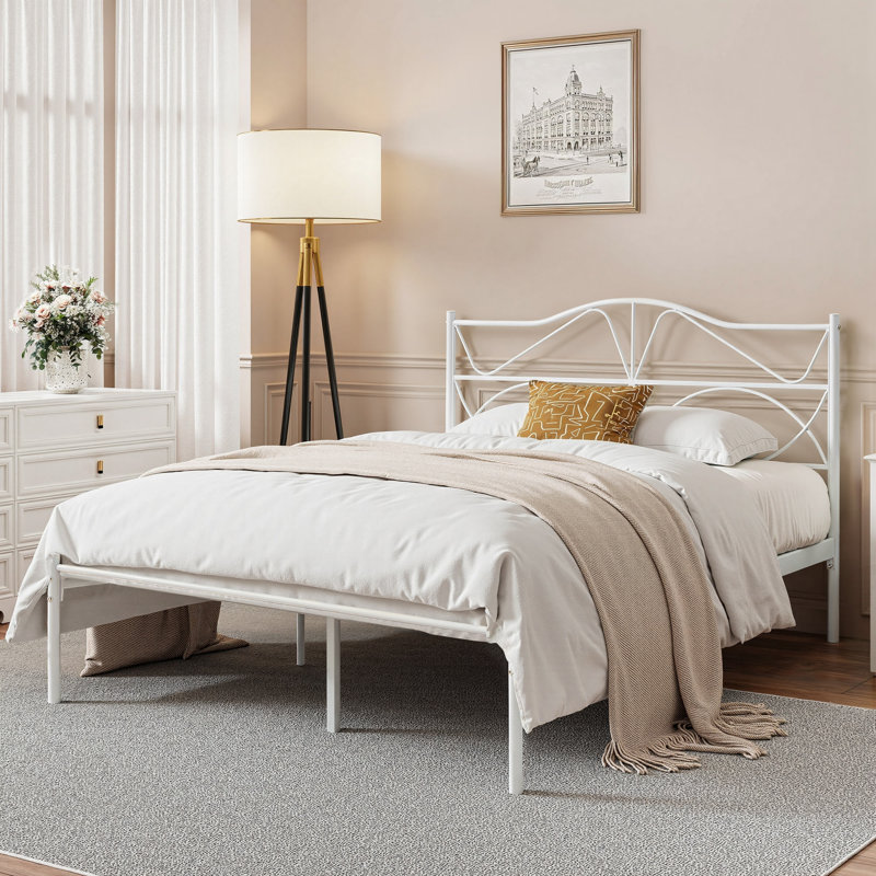 Metal Bed Frame with Headboard Heavy Duty Strong Steel Slat Support Platform Full Size Bed No Box Spring Needed, Easy Assembly, White