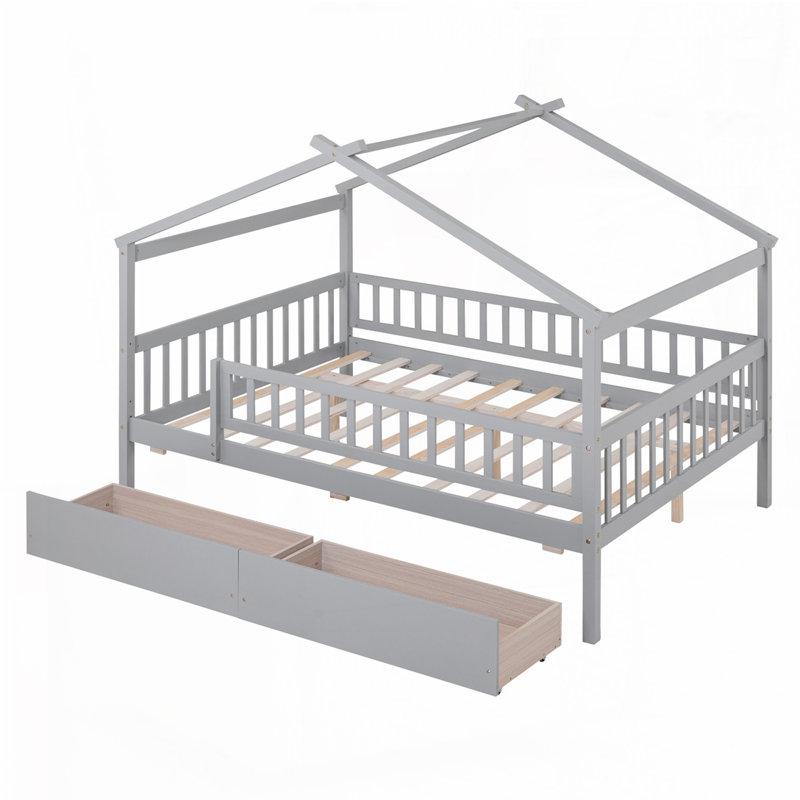Lit en bois avec deux tiroirs, gris, Complète