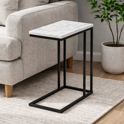C Table for Sofa with White Marble Top | Decorative Side Table | End Table for Living Room | Black Metal Frame | 16.25x9.5x24.75"