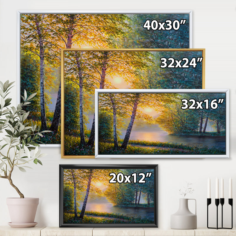 «Morning Summer With Beautiful River Spring Forest», peinture sur toile, H 24 po x l 32 po x P 1 po, Cadre flottant doré